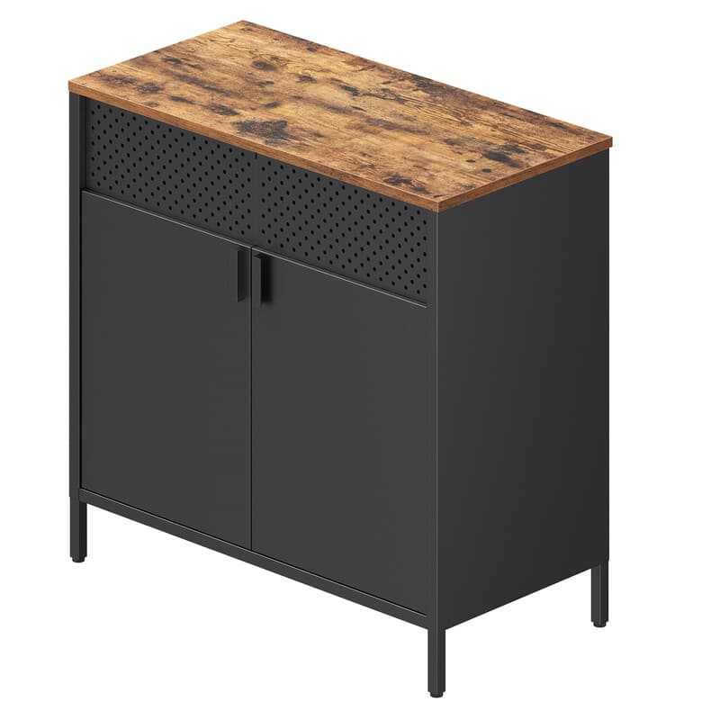 JOYFURNOS Meuble de Rangement avec Pied, Porte et Étagère Réglable Noir pour Salon - Gain de Place, Couleur Marron Rustique et Noir