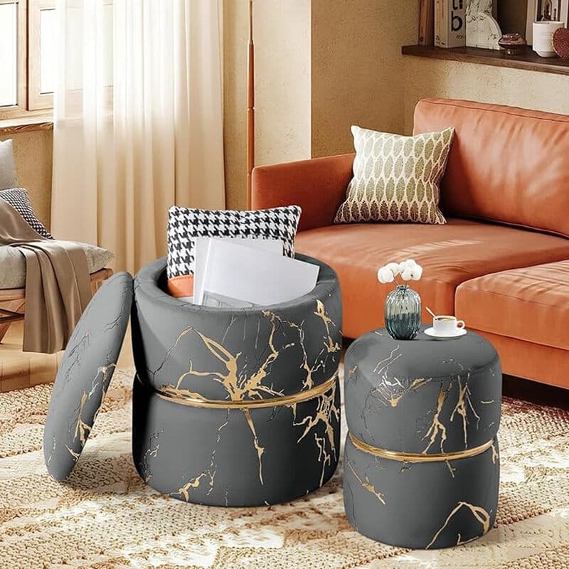 Ckaff Lot de 2 tabourets ottoman avec espace de rangement en velours bouclé - Gris