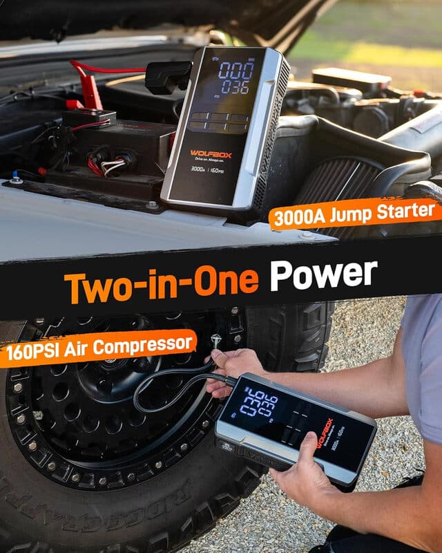WOLFBOX 3000A Booster de démarrage 12 V avec compresseur d'air et batterie portable 59,2 Wh et 160 psi et recharge rapide 65 W compatible moteurs