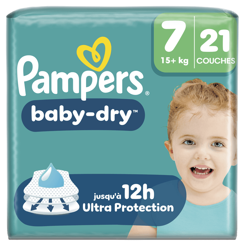 Pampers Baby-Dry, Taille 7, 21 Couches, 15kg+, Une Nuit Jusqu’À 100% Sans Fuites