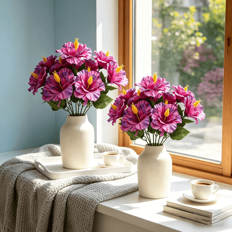 3 Pièces 17,8 in/45 cm Fleurs Artificielles pour l'Extérieur Plantes Fausse Réalistes Faux Hibiscus Fleur Tropicale Fleurs en Soie pour Extérieur