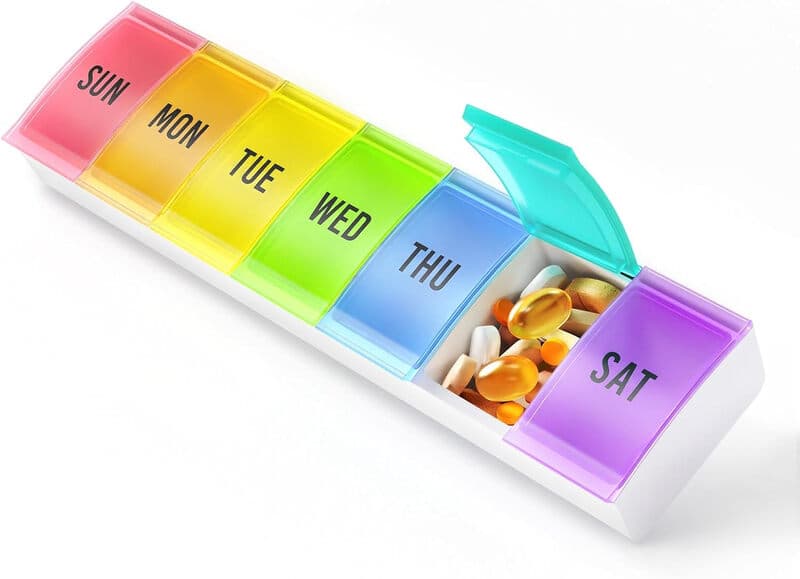 VVM Pilulier hebdomadaire avec couvercles colorés 7 jours avec fermeture sécurisée