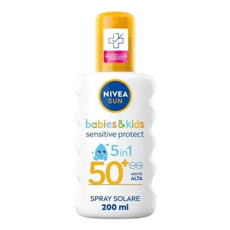 NIVEA SUN Spray solaire 5-en-1 Sensitive Protect SPF 50+ pour bébés et tout-petits - 200 ml