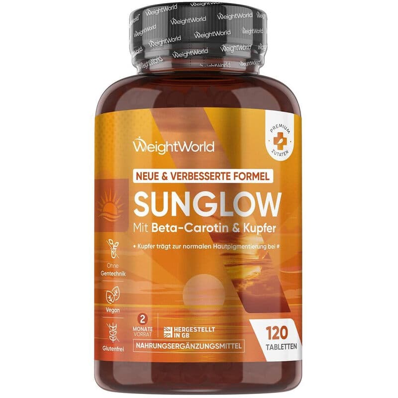 WeightWorld Complément Alimentaire Auto-Bronzant SunGlow avec Bêta-Carotène pour un Teint Halé - Boîte de 120 Comprimés