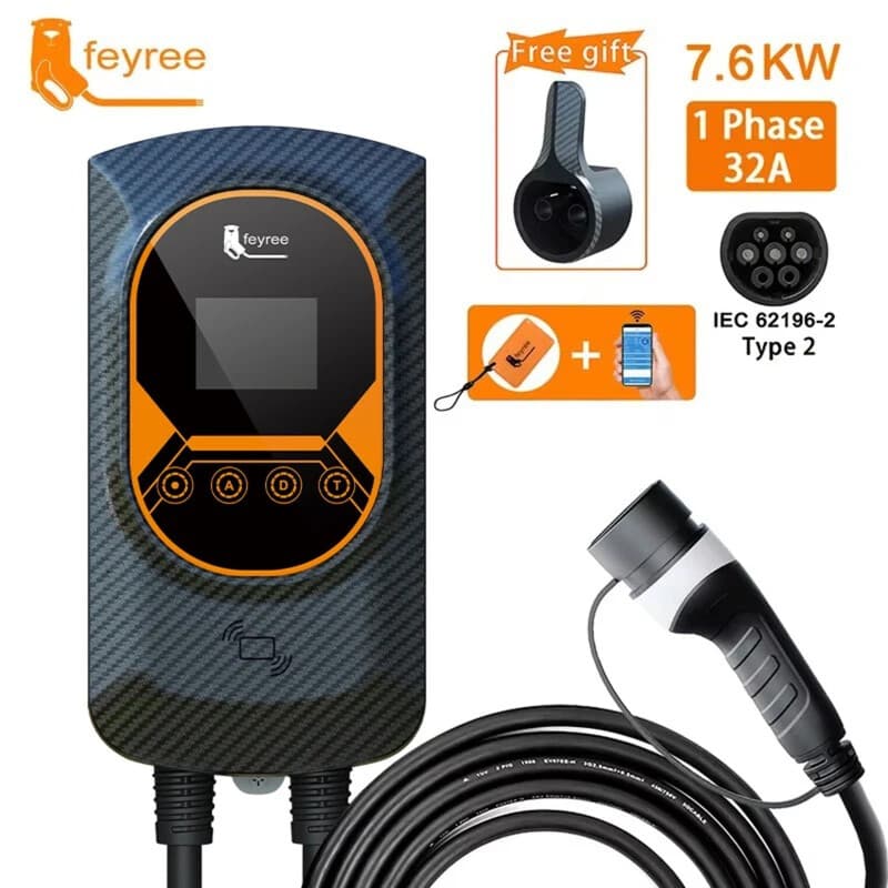 Feyree EVSE Borne de recharge murale pour véhicule électrique 7,6 kW 32 A, câble type 2, commande par application Wi-Fi