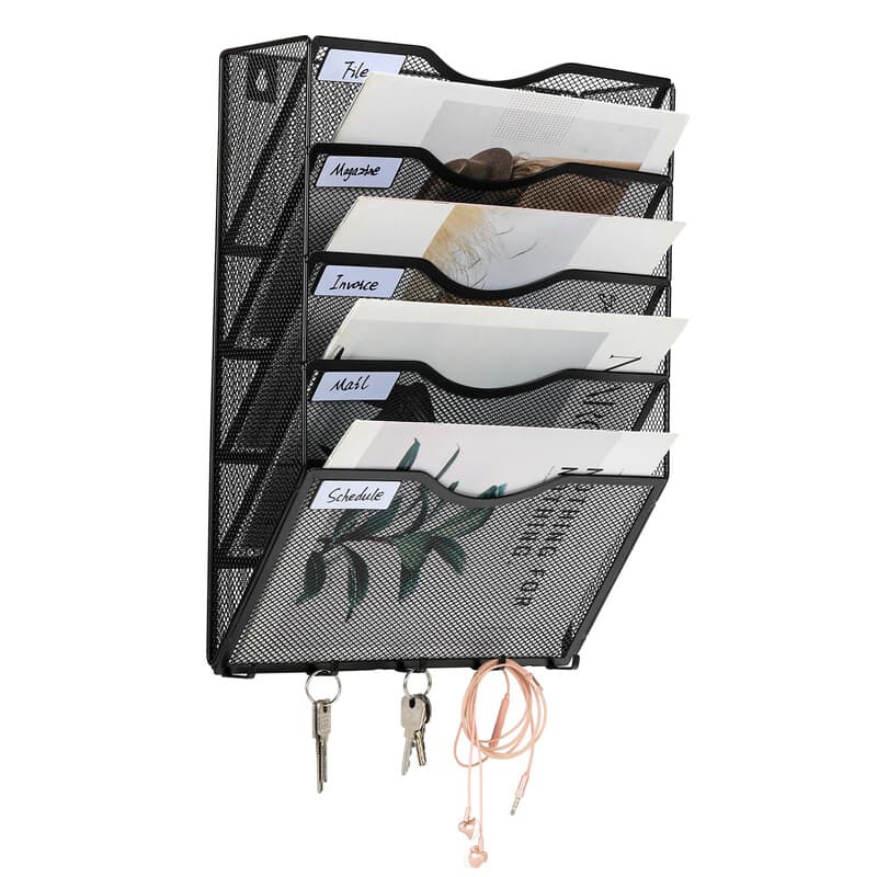 Senhoglb Porte-documents mural A4 en maille à 5 niveaux avec 5 crochets, Noir, Soldes du Nouvel An, Meilleures idées cadeaux
