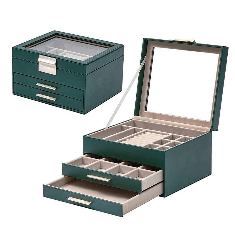 Boîte à Bijoux JORDAN&JUDY à Plusieurs Niveaux - Coffret de Rangement pour Boucles d’Oreilles, Bagues et Colliers 3 Couches Vert Foncé
