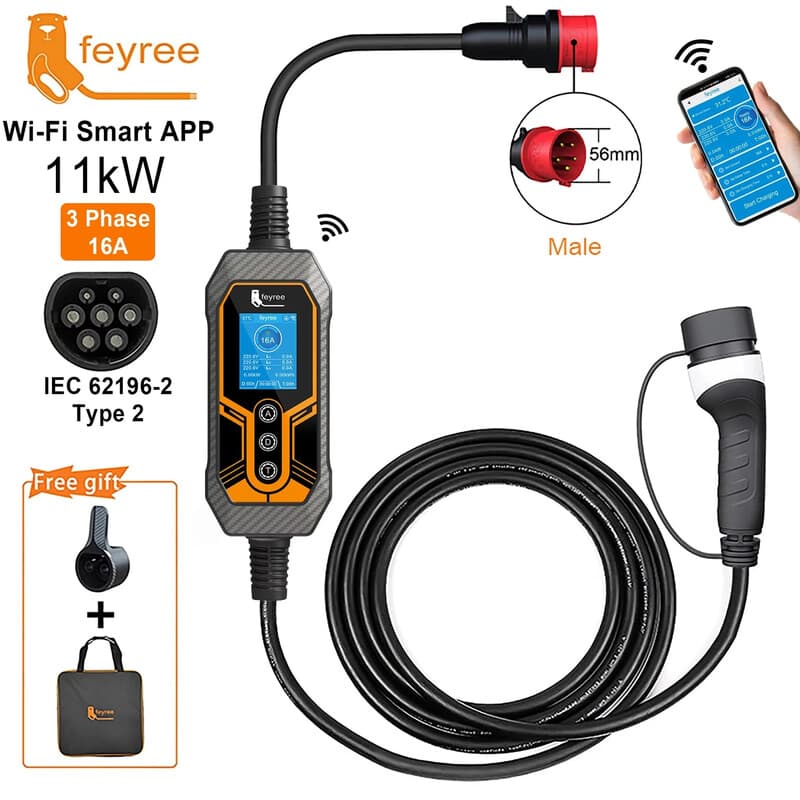 feyree Chargeur portable type 2 pour véhicule électrique, 11 kW, 16 A, 3 phases, version Wi‑Fi avec application et Bluetooth, câble EVSE 5 m et