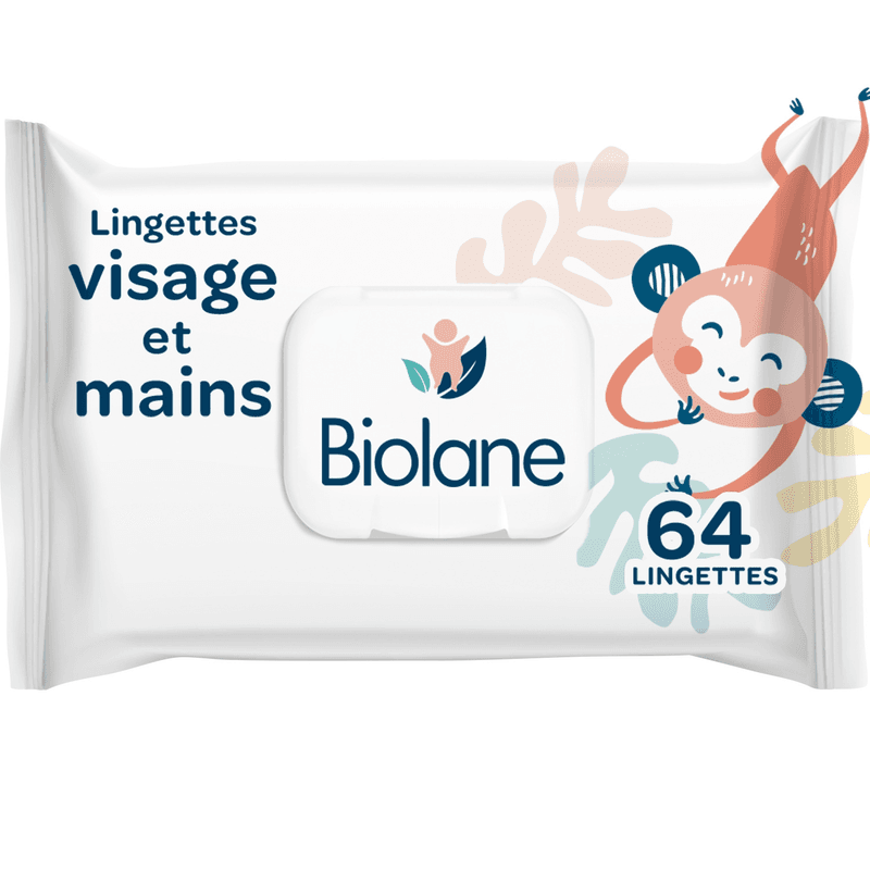 BIOLANE Lingettes nettoyantes pour le visage et les mains des bébés, 64 lingettes