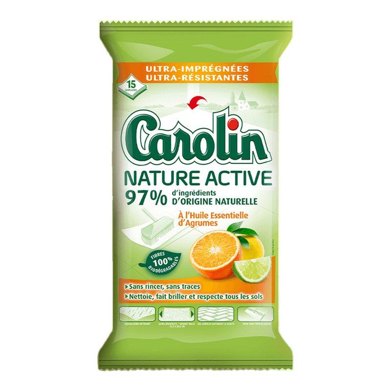 Carolin Nature Activ Lingettes de Sol Biodégradables, Huile Essentielle d'Agrumes, Parquets, 15 Lingettes