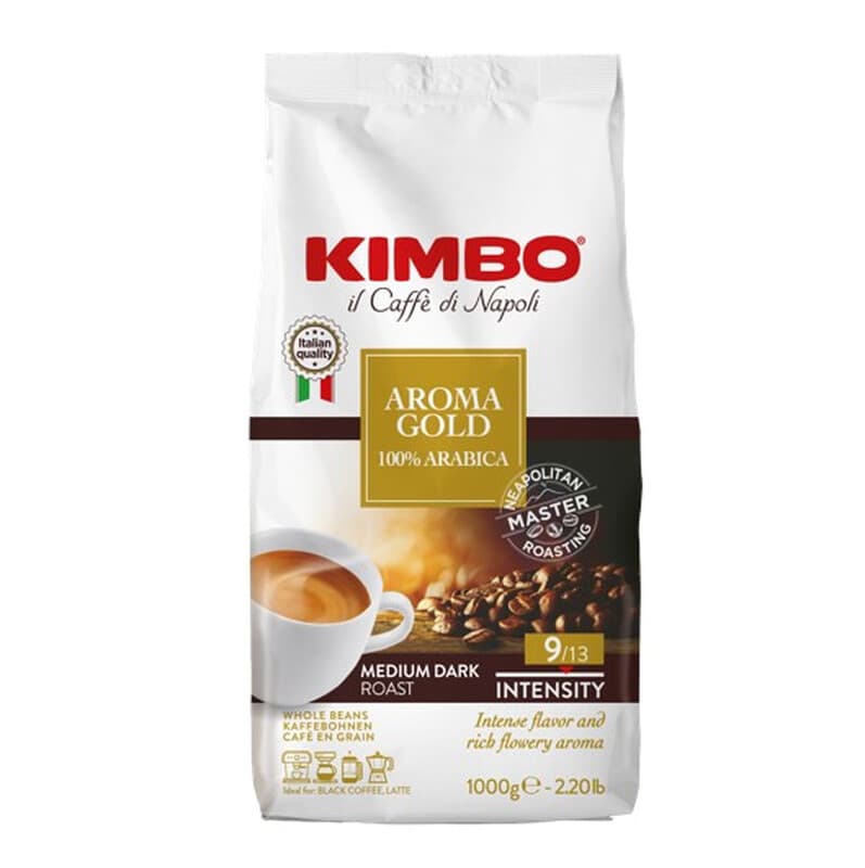 KIMBO AROMA GOLD Café en grains 100 % Arabica Torréfaction Moyennement Foncée intensité 9/13 - 1 kg