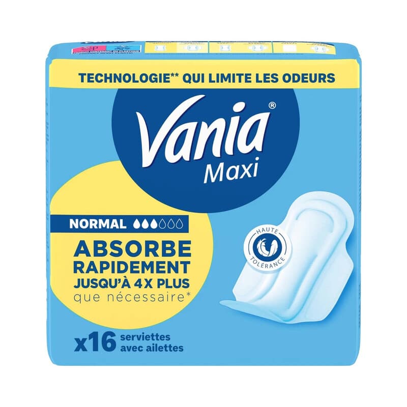 VANIA Maxi Confort Serviettes hygiéniques avec ailettes (Absorption Normal+, Parfum léger) – 16 serviettes