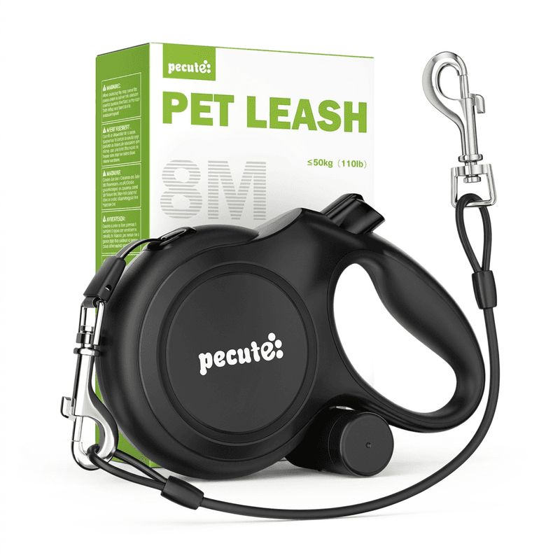 Pecute Série Instant-Control Laisse pour chien rétractable 8 m avec câble en acier anti-morsure 50 cm et distributeur de sacs à déjections - Noir