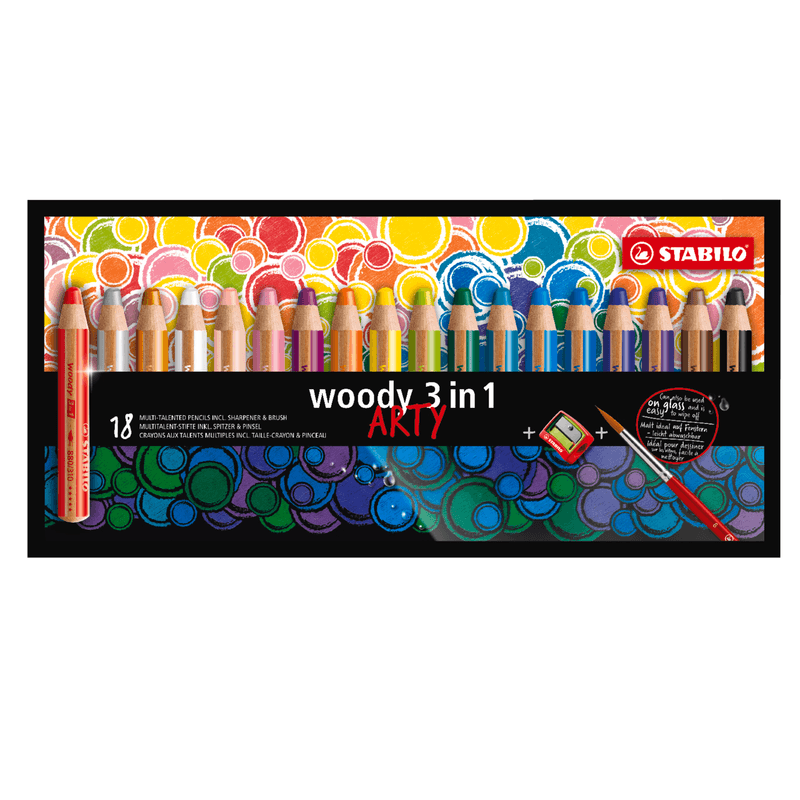 STABILO ARTY Woody 3-en-1 Lot de 18 crayons de couleur multi-talents avec taille-crayon et pinceau
