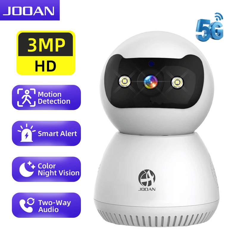 JOOAN Caméra de sécurité 2K Full HD avec vision nocturne en couleur, audio bidirectionnel, détection de mouvement, enregistrement de suivi,