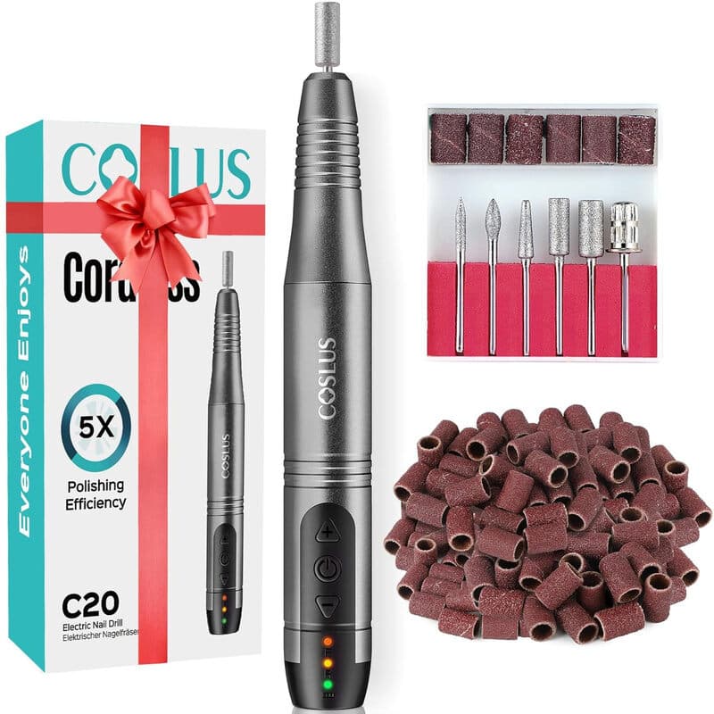 COSLUS C20 Ponceuse électrique sans fil professionnelle pour ongle avec assortiment d'embouts – Gris