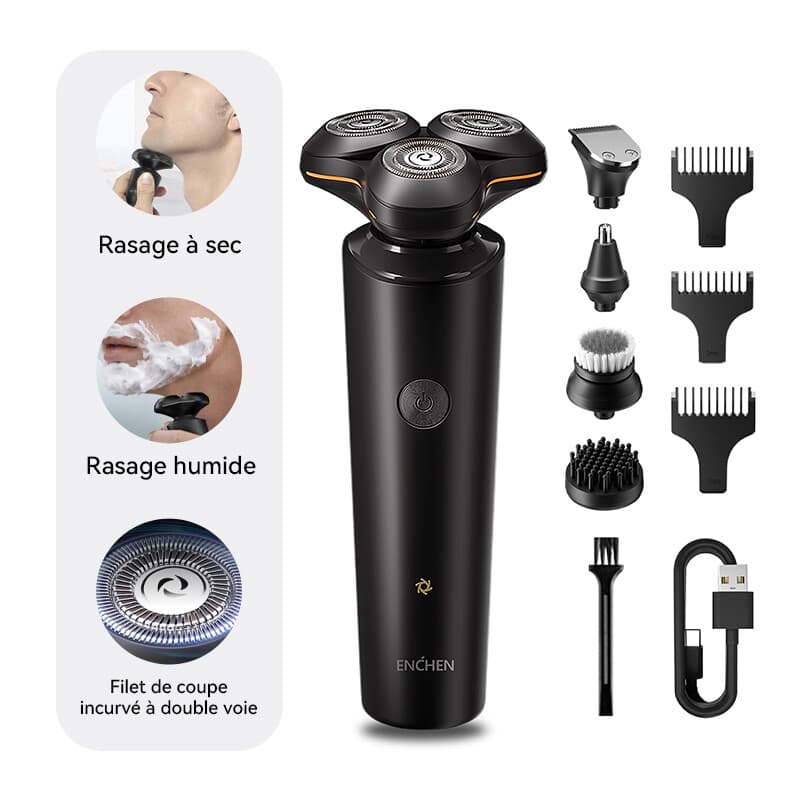 Rasoir électrique multifonction ENCHEN X8S-C avec 4 têtes de rechange, tondeuse à barbe portable pour hommes, 1 pièce.
