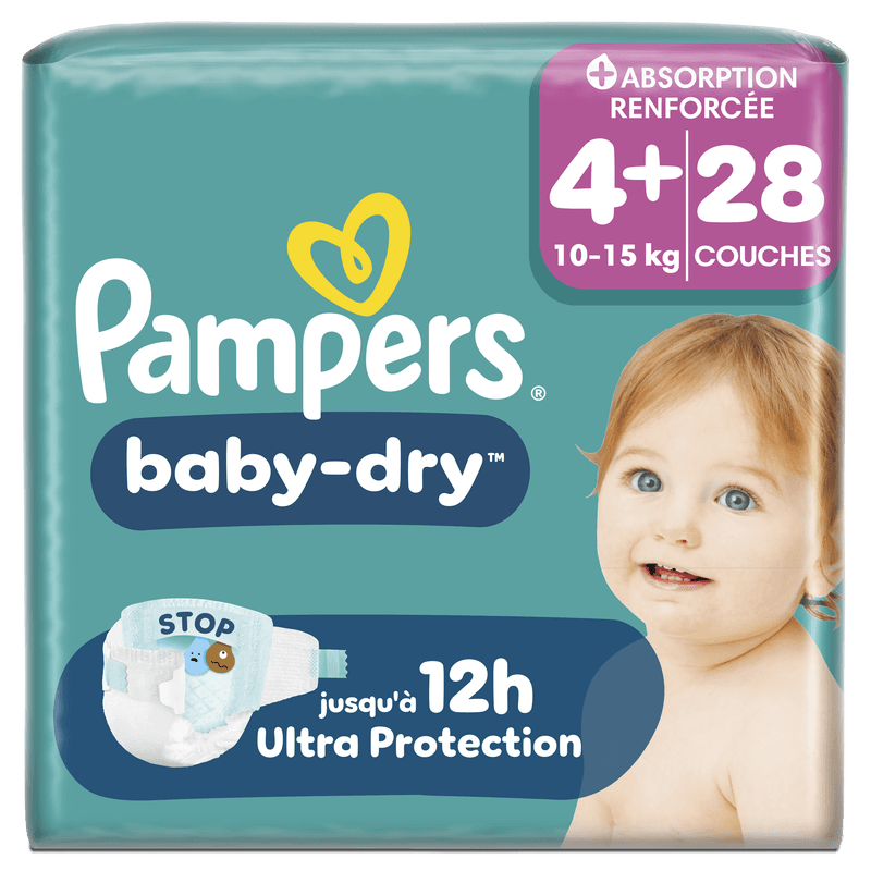 Pampers Baby-Dry, Taille 4+, 28 Couches, 10-15kg, Extra Absorption, Une nuit jusqu'à 100% sans fuites avec la Poche Stop & Protect à l’arrière de