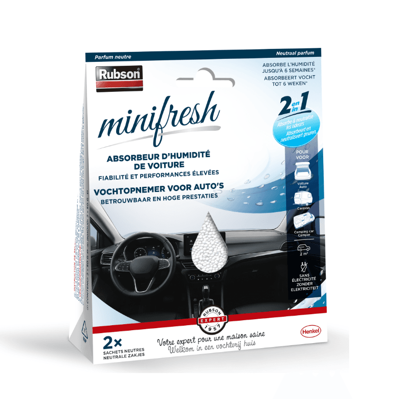 Rubson – Absorbeur d’Humidité Minifresh Voiture Parfum Neutre (2 sachets) – Anti-humidité & anti-odeurs pour véhicule, camping-car, caravane