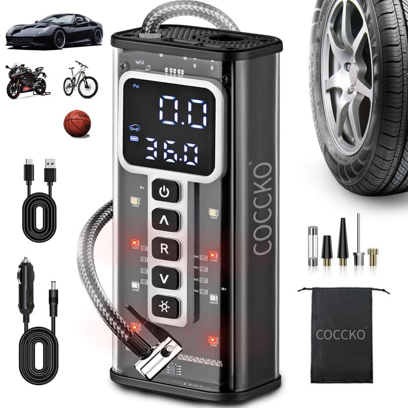 COCCKO Gonfleur de pneus de voiture sans fil 150 PSI, compresseur d’air portable pour pneus, LED et arrêt automatique, gonfleur pour vélo