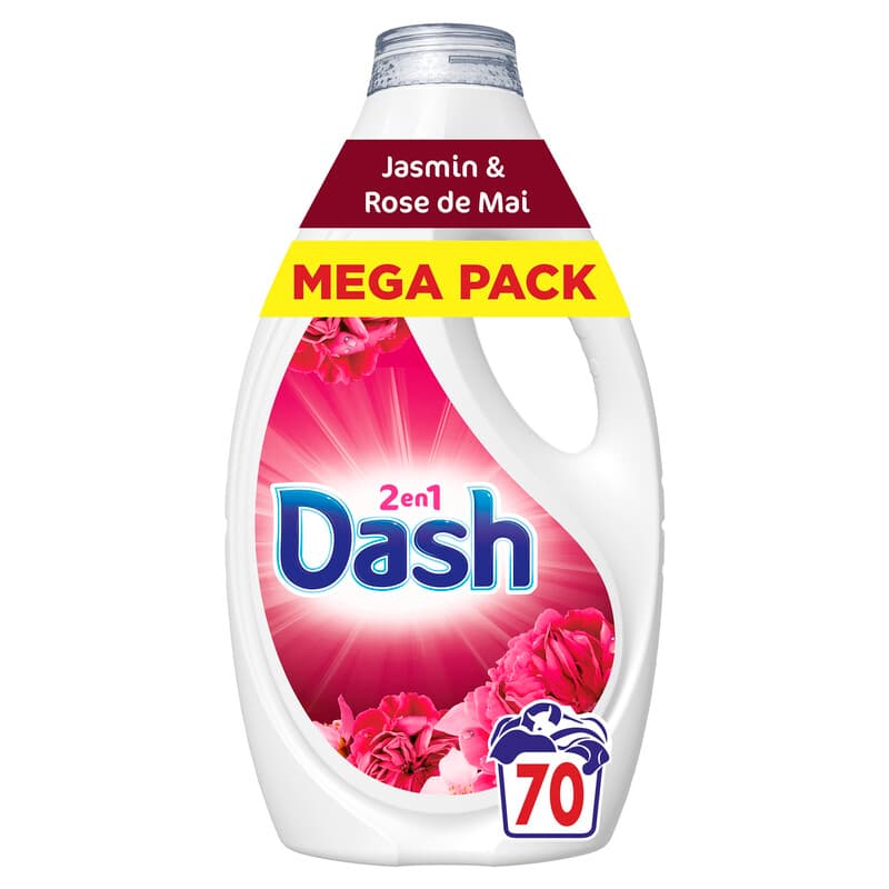 Dash 2en1 Lessive Liquide, 70 Lavages, Parfum Jasmin et Rose de Mai, Jusqu'à 3 Semaines de Fraîcheur, Fabriqué en France