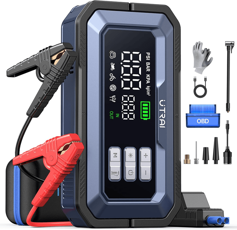 UTRAI JS-30 Booster de démarrage 7000A et 12 V avec pompe à air, lecteur de codes d'erreur OBD2, sortie DC 160W, lampe de camping LED, fonction de