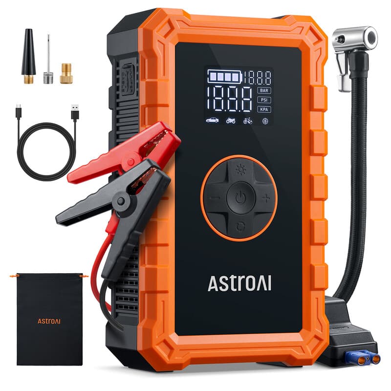 ASTROAI S8 Air Jump Starter avec compresseur d’air, démarrer de voiture portable 1500 A (6,0 L essence/3,0 L diesel), gonfleur de pneu sans fil 150