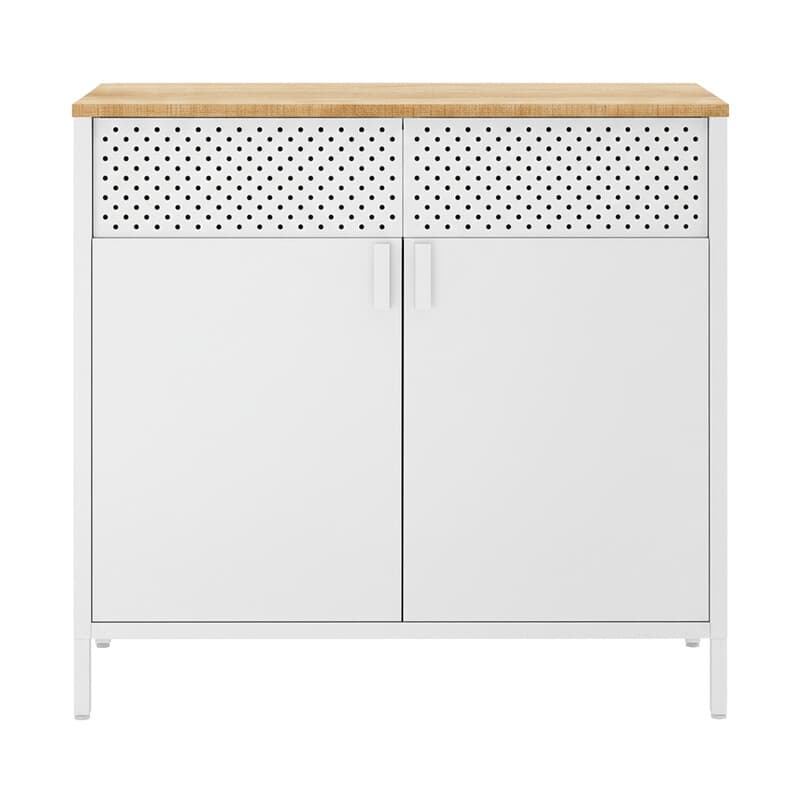 Ochama Armoire de rangement métallique blanc mat et jaune chamois – Double porte avec fermeture magnétique, étagère réglable, 80 x 40 x 76 cm,