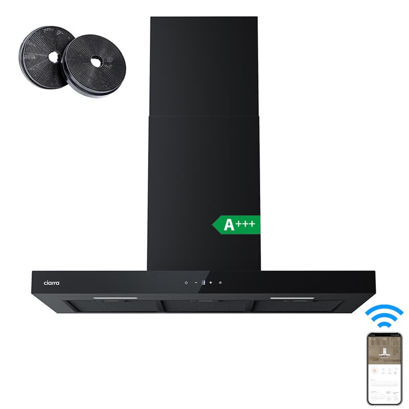 CIARRA Hotte aspirante à recyclage 90 cm, Wi-Fi et commande tactile par application, 650 m³/h, murale, 4 vitesses avec booster, noire, filtres en