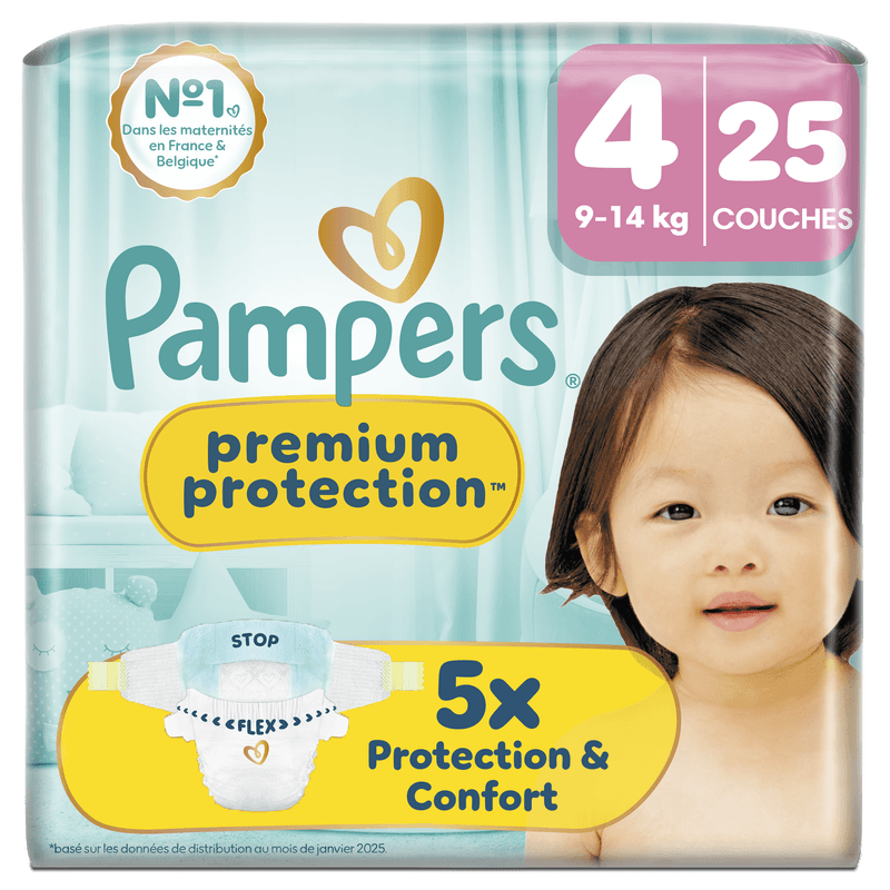 Pampers Premium Protection, Taille 4, 25 Couches, 9-14kg, Notre N°1 Pour La Protection De La Peau Et Contre Les Fuites
