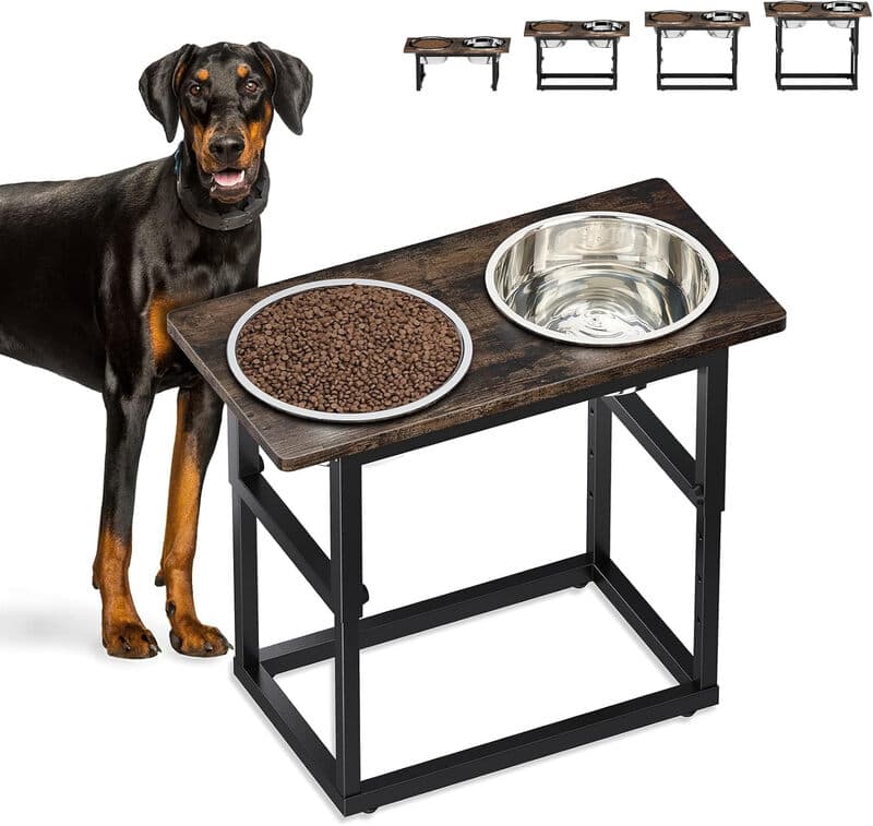 Gamelle Élevée pour Chiens de Grande et Très Grande Taille VVM, 5 Hauteurs Réglables, 2 Bols en Acier Inoxydable, Support pour Gamelles, Brun