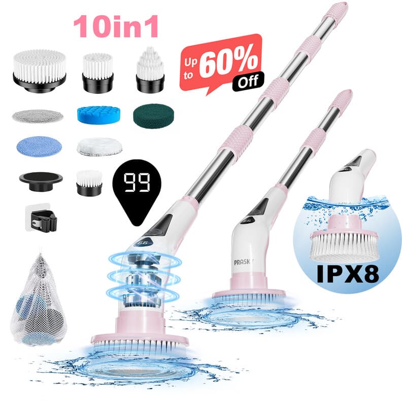 Prasky SL01A-2 IPX8 Brosse de nettoyage électrique rotative sans fil rechargeable, avec affichage LED, 9 têtes de brosse remplaçables et 4