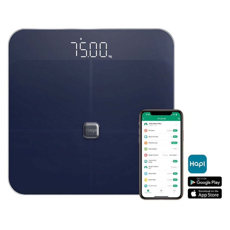 Haepi Lisa Pèse-personne connecté Bluetooth Analyse de 15 données corporelles IMC graisse os muscle eau via application Piles incluses Garantie 15