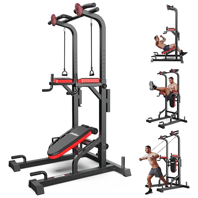Pooboo Tour de musculation multifonction avec banc, poignées d’escalade, barre de traction et station de dips