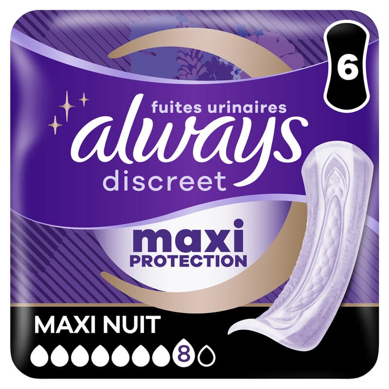 Always Discreet Serviettes Pour Fuites Urinaires Femmes Ultimate Nuit, 6 Serviettes, Protection Extra Sûre Et Discrétion Optimale