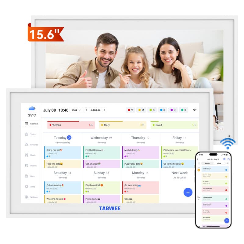 TABWEE P15 Calendrier Numérique WiFi - Écran Tactile 15,6" pour Mur, Planificateur Familial, Planificateur de Repas, Agenda de Rendez-vous, Horloge