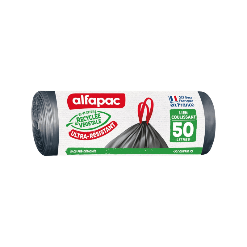 ALFAPAC Sacs Poubelle, 50 L, Fermeture Coulissante, Ultra-Résistants, Sans Parfum, 10 Sacs