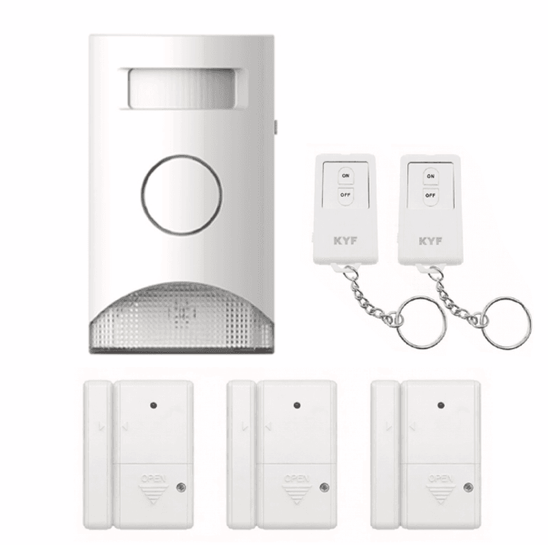 KYF Kit d’alarme extensible 434 MHz avec détection de mouvement et éclairage d’alarme intégré, capteurs porte/fenêtre (x3) et télécommandes