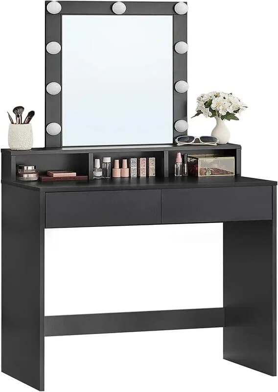 Ochama Coiffeuse avec LED réglable, miroir intégré, 2 tiroirs et 3 compartiments ouverts - noir moderne