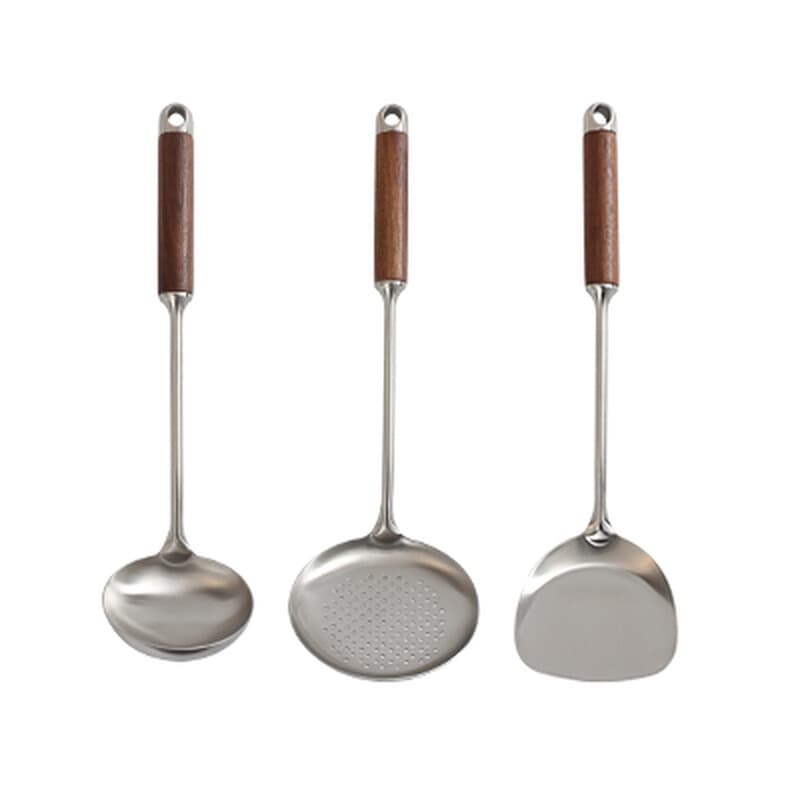 PURE COOK Set de 3 spatules et louches en acier inoxydable 304 et manche en bois