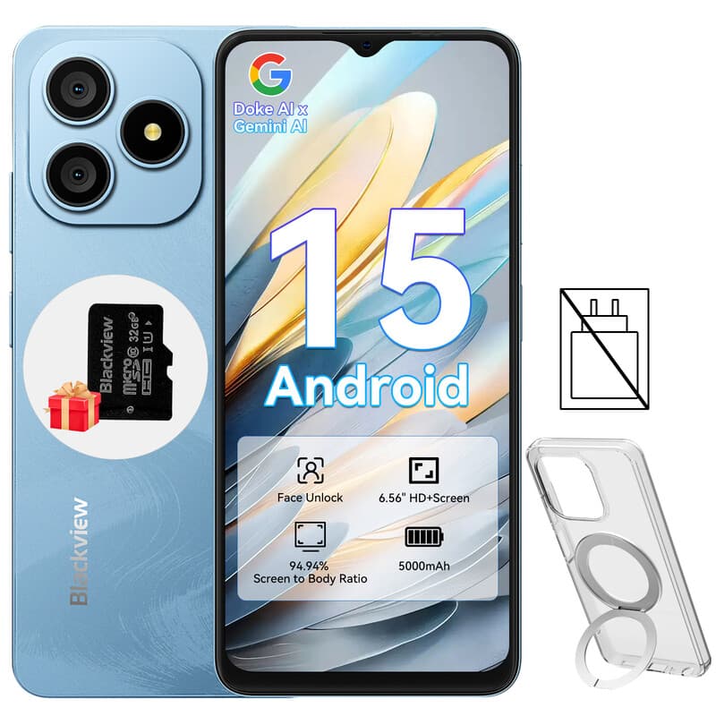 Blackview Smartphone Android 15 - 6.56 pouces, 12 Go RAM + 128 Go, IP54, 5000 mAh - Noir | Carte TF 32 Go incluse