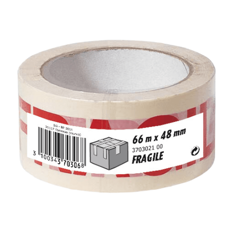 Ruban d’Emballage PP FRAGILE Blanc / Rouge 66m x 48mm