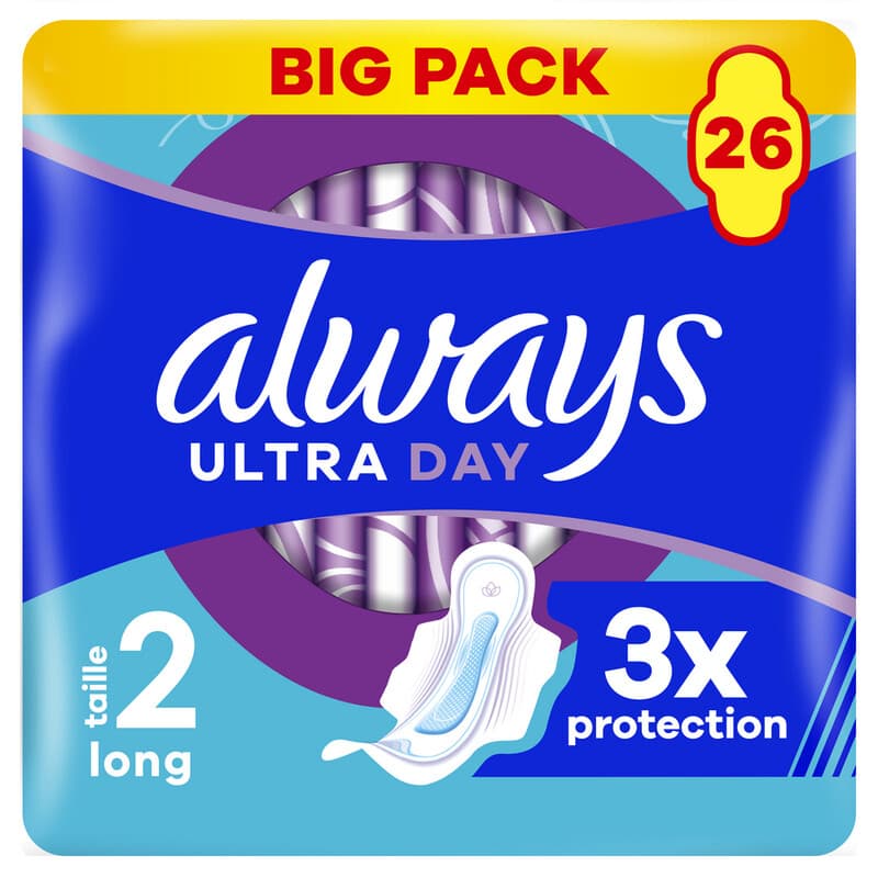 Always Serviettes hygiéniques Ultra jour longue (Taille 2) avec ailettes 26 serviettes super absorbantes ultra fines