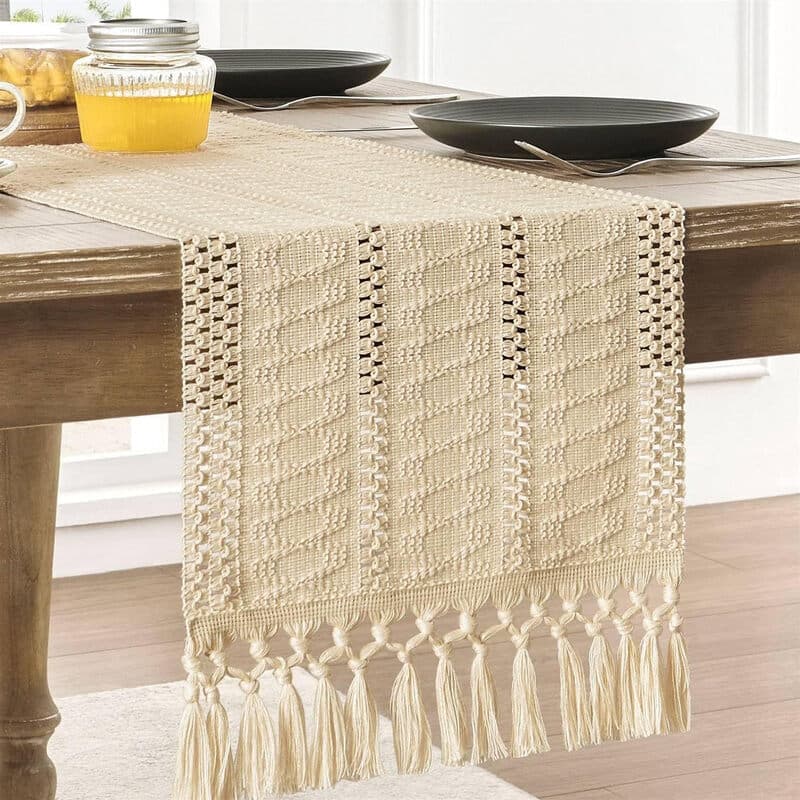WhereHike Chemin et sets de table bohème rustique en macramé tissé beige - 1 x 30,5 x 183 cm + 4 x 32 x 42 cm