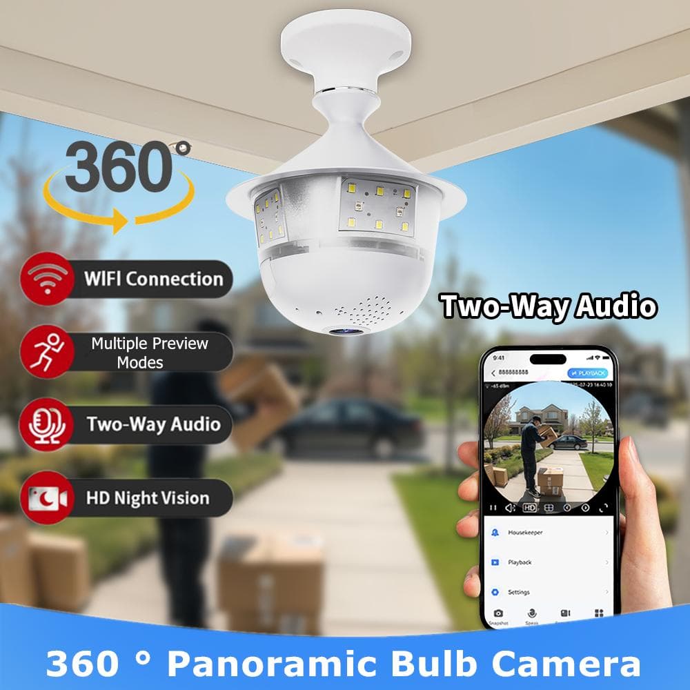 Caméra de Sécurité Ampoule WiFi, Vision Nocturne Couleur, Audio Bidirectionnel, Suivi Automatique Sans Fil, Fisheye Panoramique 360°, CCTV IP