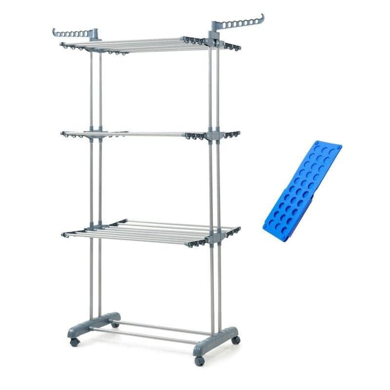 Innovagoods IG827809 Pack d'étendoir à linge vertical pliable avec roulettes et plieuse, bleu, 49-62 x 175 x 73 cm