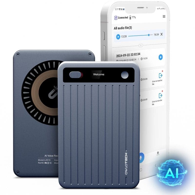 Enregistreur IA Owlotech Magnus 64GB Bluetooth App Transcription Résumés Gris Foncé