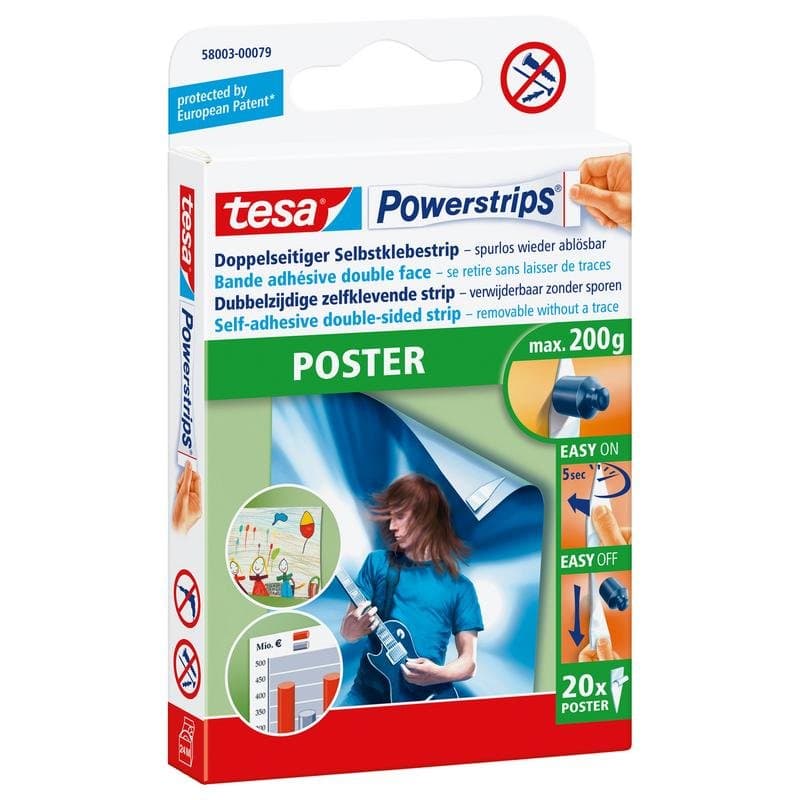 Étiquette de montage Tesa Powerstrips POSTER Blanc Intérieur 20 pièces