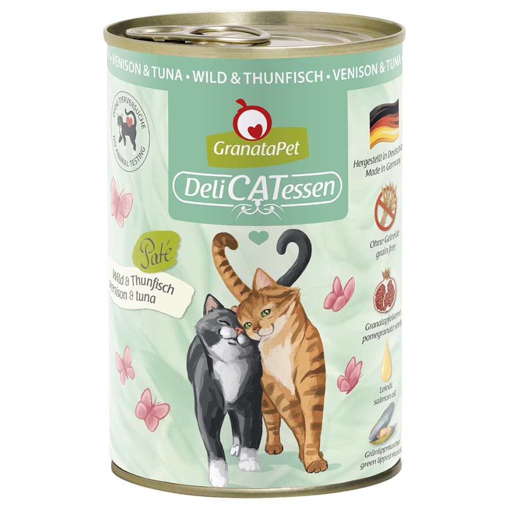 24x400g GranataPet DeliCatessen gibier, thon - Pâtée pour chat