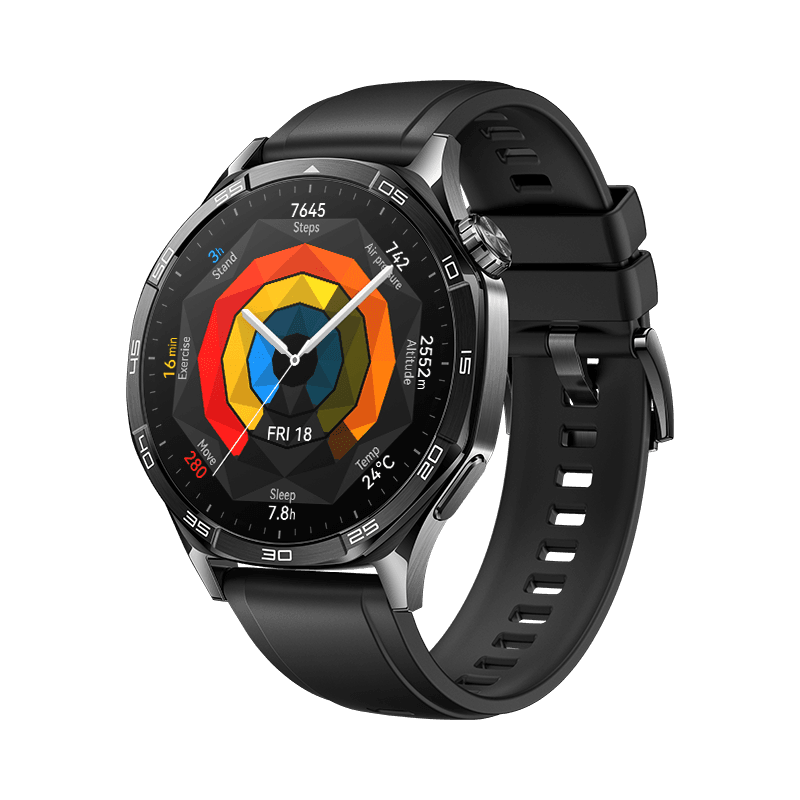 HUAWEI WATCH GT 5 46mm / Boîtier en acier inoxydable / Bracelet en fluoroélastomère noir / GPS / Bluetooth 5.2 / Montre Connectée / Fonctionne